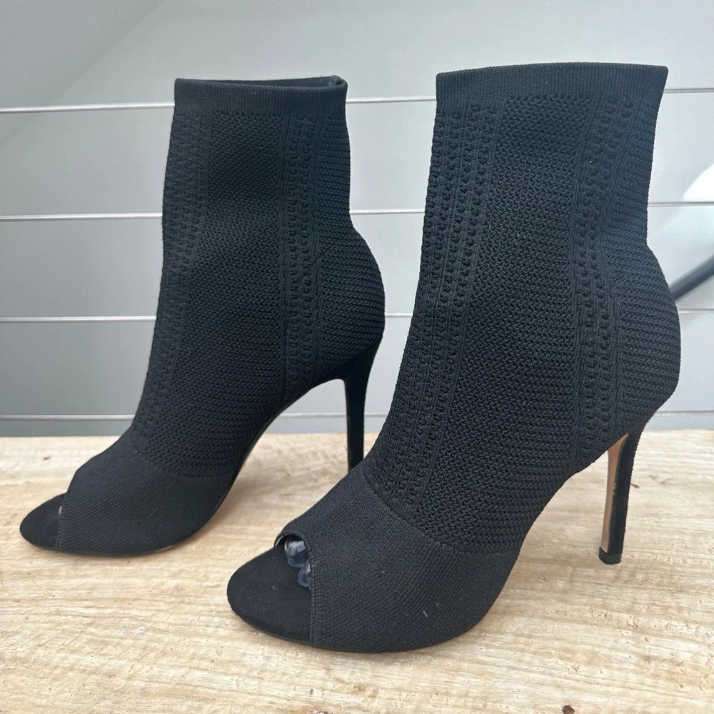 Nicole Miller Black Knit Peep Toe Sock Booties Stiletto Heel | Size 9 - Picture 4 of 7